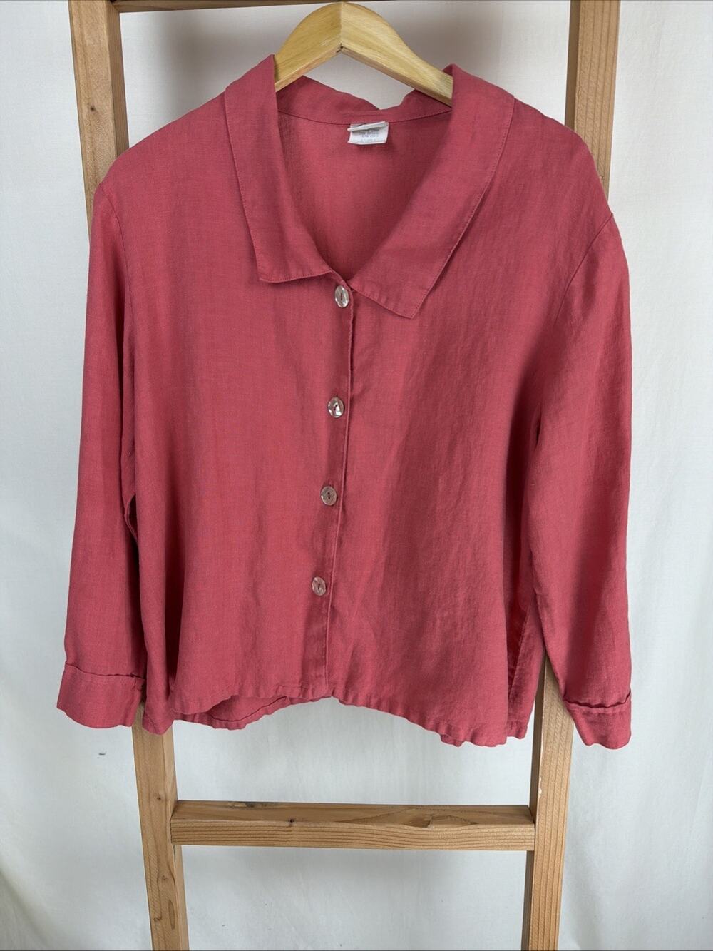 Vintage Norm Thompson Dusty Rose Cuffed Button Up Linen Top #1028 Size LARGE